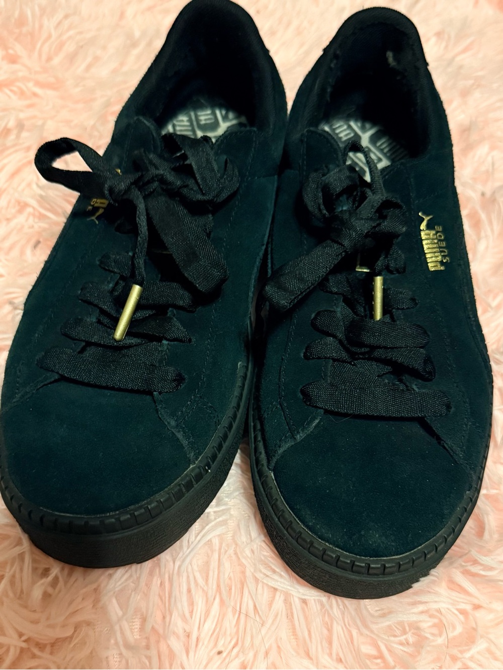 Puma Black Suede Platform Sneakers with Gold Accents